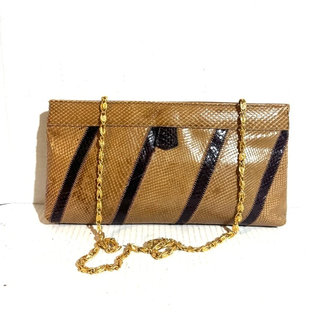 Vintage snakeskin, leather Tan and Black Striped Shoulder Bag